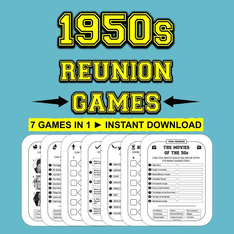1950s Reunion Games Party Bundle Printable Games 50s Trivia 50s Quiz ...