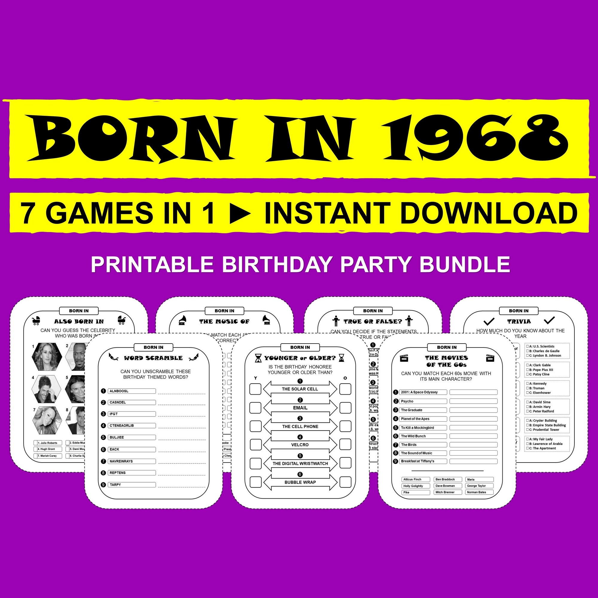 56th Birthday Party Games Born in 1968 Games Bundle Printable Games ...