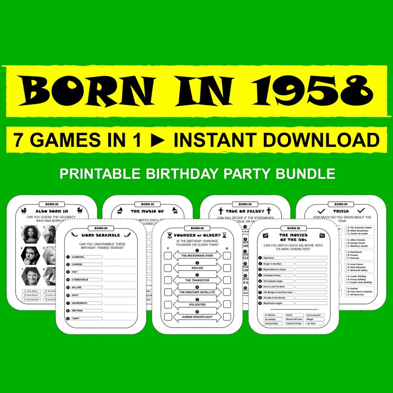 65th Birthday Party Games Born in 1958 Games Bundle Printable Games 65 ...