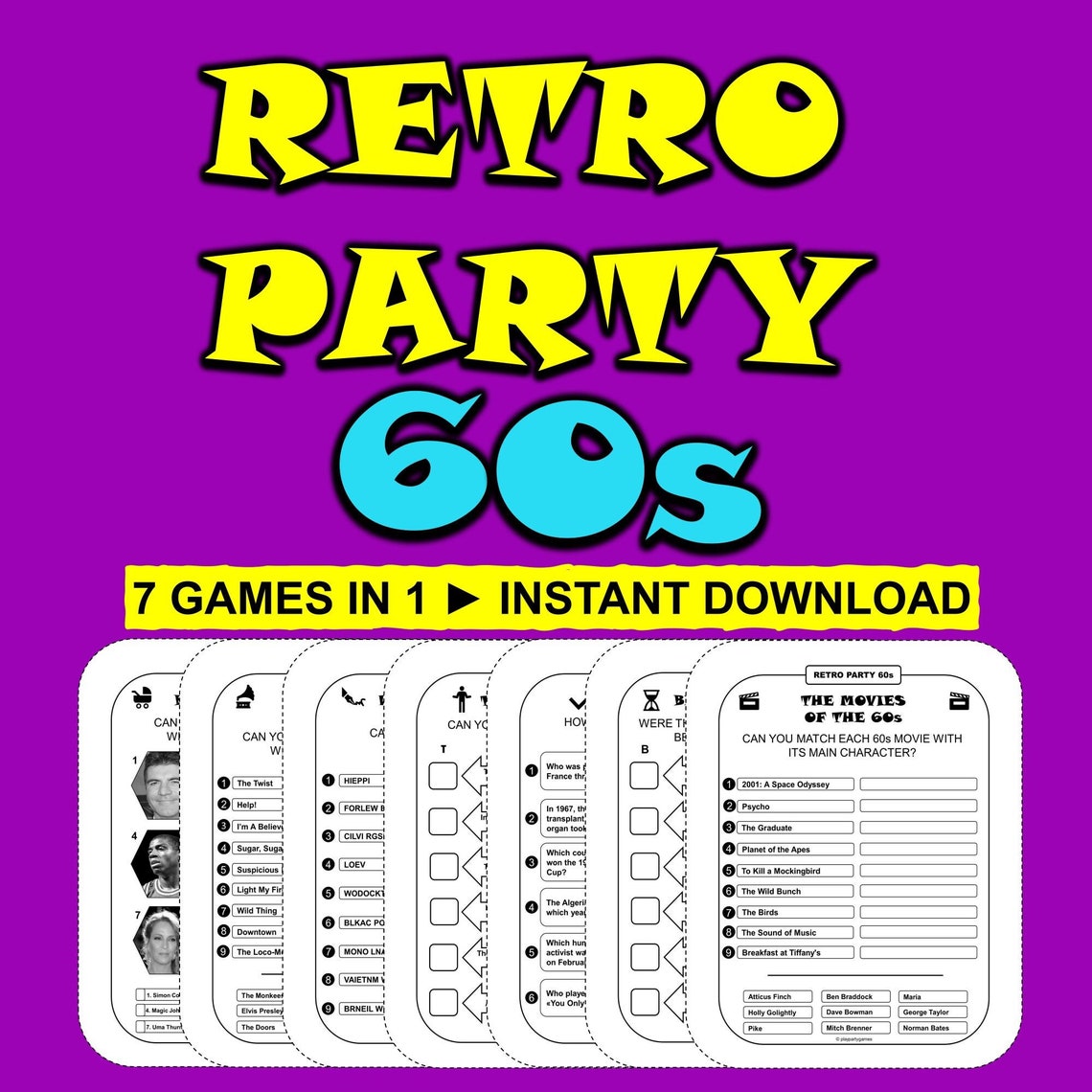 Retro Party Games 60s Party Games Bundle Printable Games 60s Trivia 60s