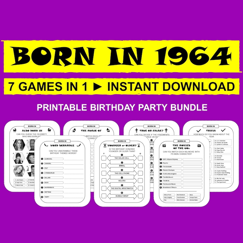 Born in 1964 Birthday Games: Birthday Party Bundle (printable Instant ...