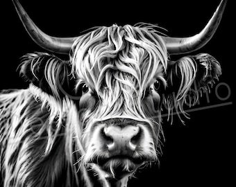 Artistic Highland Cow PNG / PNG Laser Engraving file for slate / Digital Design / Wildlife / Animal Life / Laser ready / Cow engraving