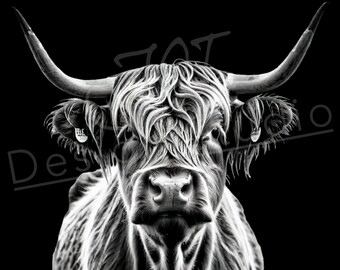 Artistic Highland Cow PNG / PNG Laser Engraving file for slate / Digital Design / Wildlife / Animal Life / Laser ready / Cow engraving