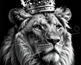 Artistic Lion with Crown / PNG Laser Engraving file for slate / Digital Design / Wildlife / Animal Life / Laser ready / Lion for engraving