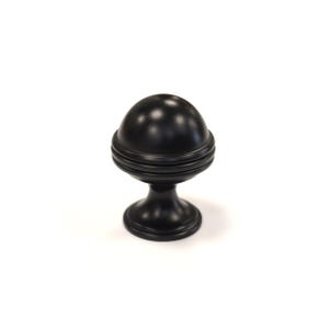 May include: A black cabinet knob with a spherical top and a decorative base. The knob has a matte finish and is designed for furniture. The spherical top has a series of horizontal grooves. The base is round and slightly flared.