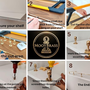 May include: Step-by-step instructions for installing a shelf. The process includes measuring, cutting, sanding, marking, drilling holes, and screwing in hardware. The final step shows the installed shelf with brass hardware.