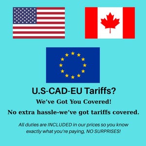 May include: Image features the flags of the United States, Canada, and the European Union. Text states "U.S.-CAD-EU Tariffs? We've Got You Covered!" and "No extra hassle-we've got tariffs covered."