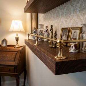 May include: A dark wood floating shelf with brass railing and decorative items. The shelf holds framed photos, figurines, and glass jars. A desk and lamp are visible in the background.