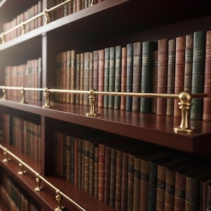 May include: A dark wood bookshelf filled with rows of antique books. The books have leather-bound covers in various colors, including brown, green, and red. Brass rails run along the shelves, adding a touch of elegance to the library setting.