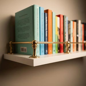 May include: A white shelf with a brass rail holds a collection of colorful books. The books have various colored spines, including teal, blue, orange, and red. The shelf is mounted on a neutral-colored wall, creating a simple, elegant display.