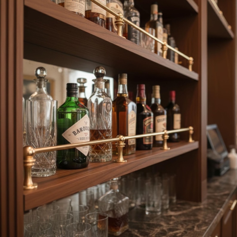 May include: A wooden bar shelf displays various liquor bottles, including clear glass decanters and a green bottle with a label. The shelf has brass accents and is filled with bottles of different shapes and sizes. The bar is well-stocked with a variety of spirits.