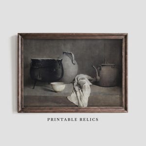 Vintage Still Life Wall Art, Rustic Kitchen Pottery Digital Download, Dark Moody Farmhouse Printable, Country Home Decor