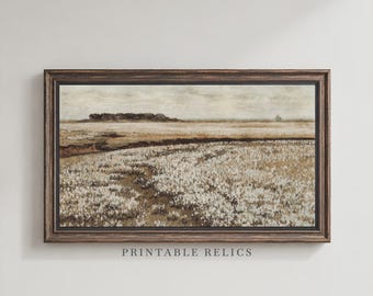 Frame TV Art Moody Wildflower Field, Vintage Pastoral Landscape, Neutral Farmhouse Meadow Samsung TV Art