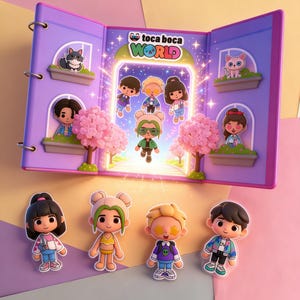 Könnte beinhalten: Ein violetter Toca Boca World-Ordner mit einem zentralen leuchtenden Portal mit Zeichentrickfiguren, flankiert von Fenstern mit Katzen- und Menschenfiguren. Vier separate Zeichentrick-Aufkleber liegen unter dem Ordner.