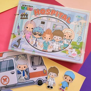 Könnte beinhalten: Ein farbenfrohes Buch mit dem Titel "TOCA BOCA WORLD HOSPITAL" auf dem Cover. Das Buch zeigt Illustrationen einer Krankenhausumgebung mit medizinischen Geräten und Comicfiguren. Es gibt auch mehrere Aufkleber mit Comicfiguren in medizinischer Kleidung.