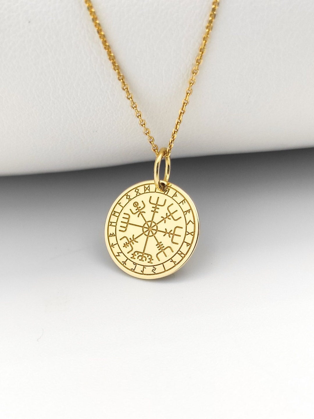 14K Solid Gold Viking Compass Necklace Gold Coin Vegvisir Etsy