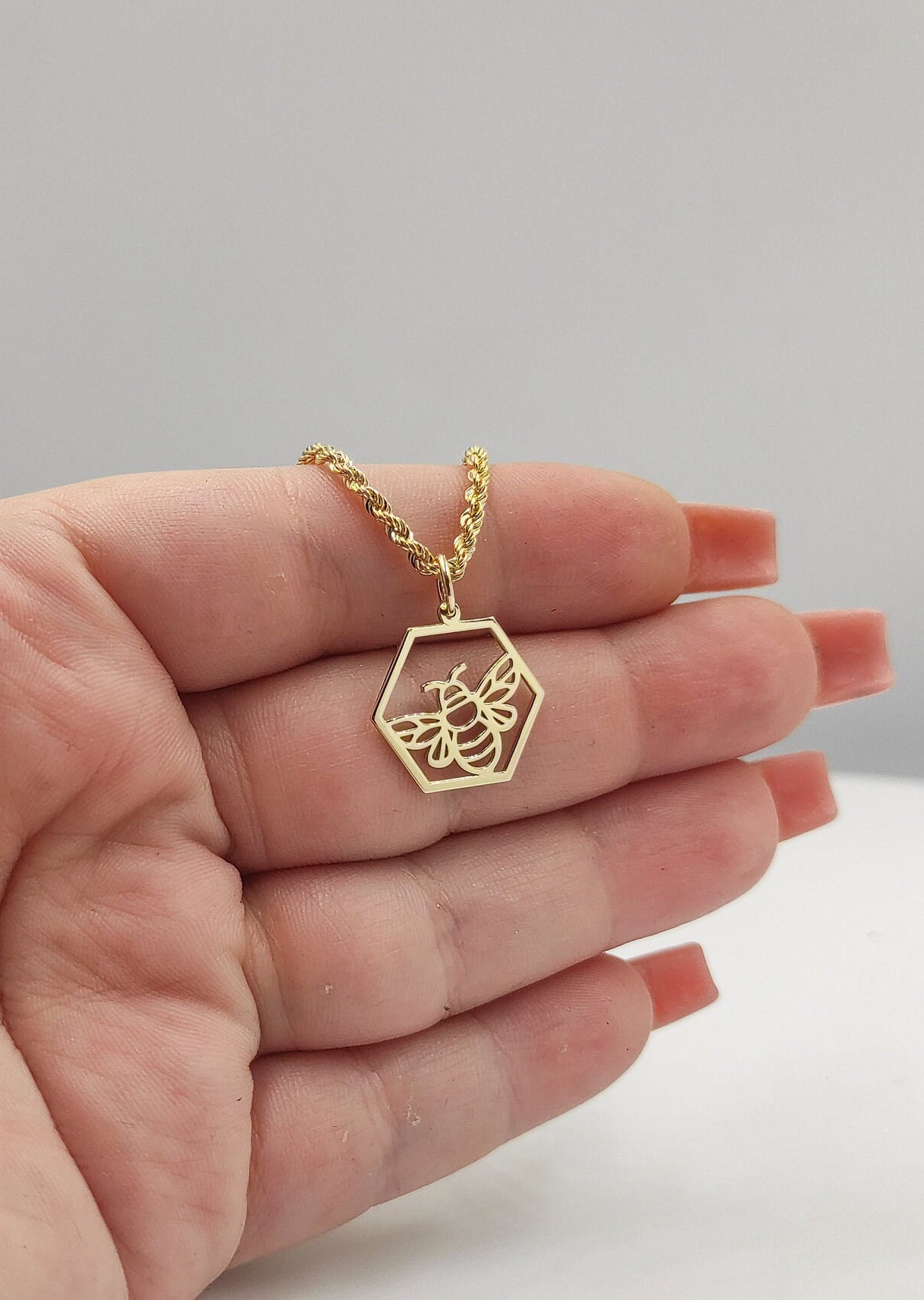 14K Solid Gold Bee Pendant Gold Geometric Necklace Dainty Etsy