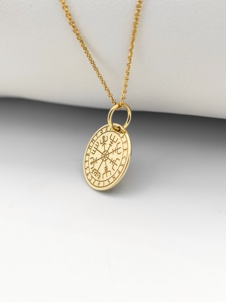 14K Solid Gold Viking Compass Necklace Gold Coin Vegvisir Etsy