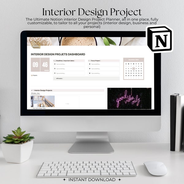 Modèle de planificateur de design d'intérieur Notion | Modèle de notion | Téléchargement numérique | Planificateur de projet de conception numérique pour architecte d'intérieur