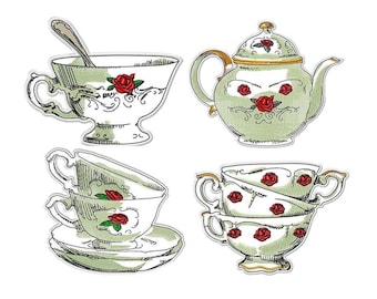 May include: A set of four vintage-style teacups and a teapot with floral designs. The cups and teapot are green with red rose accents.