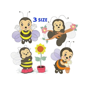 Puede incluir: Tres diseños de bordado de abejas de dibujos animados con diferentes poses. Una abeja sostiene un cubo, otra está en una rama con flores y la tercera está de pie con un girasol.
