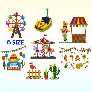 Peut inclure: Un ensemble d'illustrations colorées pour une fête de la Saint-Jean. L'ensemble comprend une grande roue, un carrousel, un stand de nourriture, un épouvantail, une guitare, un cactus, une clôture et une pancarte qui dit "Festa Junina".