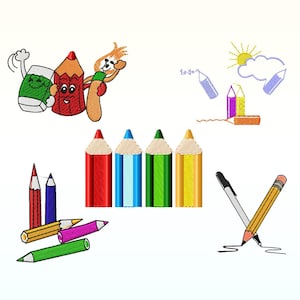 Pode incluir: Um conjunto de lápis de cor, incluindo vermelho, azul, verde e amarelo, com uma caneta preta e um lápis castanho. Também há desenhos de lápis, um sol e uma nuvem.