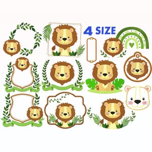 May include: A set of 10 embroidery designs featuring cute lion illustrations in various poses and frames. The designs include a lion with a crown, a lion with a heart, a lion with a rainbow, and a lion with a wreath. The designs are perfect for creating personalised gifts, home decor, and apparel.