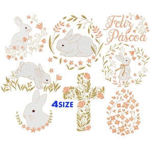 Puede incluir: Diseños bordados con conejos, flores y una cruz. El texto "Feliz Pascoa" está incluido en uno de los diseños.