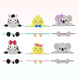 Peut inclure: Un ensemble de six motifs de broderie numérique représentant un zèbre, un poussin et un koala. Chaque motif comprend un animal mignon qui regarde par-dessus une bannière avec de l'espace pour du texte. Les motifs sont parfaits pour ajouter une touche de fantaisie à vos projets.