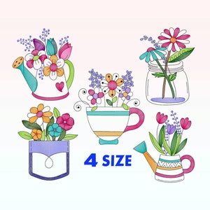 Pode incluir: Ilustrações florais coloridas. Os designs incluem flores em um regador, um frasco, uma xícara e um bolso. O texto "4 SIZE" é exibido em azul. As ilustrações apresentam vários tipos e cores de flores.