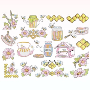 Puede incluir: Un conjunto de patrones de punto de cruz con temática de abejas. Los patrones incluyen tarros de miel, colmenas, tazas de té, flores y abejas. Los patrones están en tonos de amarillo, rosa y blanco.