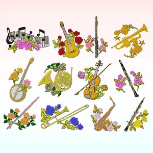 May include: Embroidered musical instruments including a guitar, violin, trumpet, and clarinet, each surrounded by colorful roses. The image features a banjo, French horn, flute, trombone, saxophone, oboe, and musical notes.