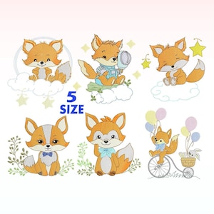 diseños de bordado de zorro bebé - diseños de bordado de zorro en el cielo - patrón de bordado a máquina - archivo de bordado de globos