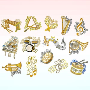 以下が含まれることがあります： ピアノ、ドラム、トランペット、フレンチホルン、ハープ、マラカス、シロフォン、タンバリン、トレブルクレフ、ベースクレフなど、さまざまな楽器を特徴とする10種類の刺繍デザインのセット。デザインは、ゴールド、シルバー、ブルーです。