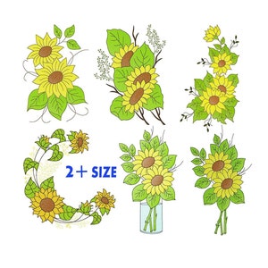 Pode incluir: Cinco designs diferentes de padrões de bordado de girassóis. Cada design apresenta vários girassóis com folhas e caules verdes. O texto "2 + SIZE" está incluído em um dos designs.