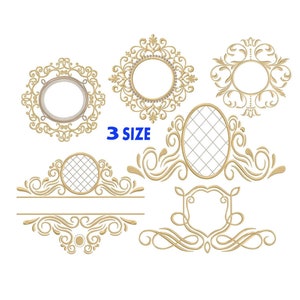 Puede incluir: Conjunto de seis diseños de bordado dorado con marcos y bordes ornamentados. Los diseños incluyen una variedad de formas, incluyendo círculos, óvalos y escudos. El texto "3 SIZE" es visible en la imagen.