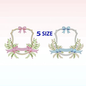May include: Two embroidery designs featuring a decorative frame with a ribbon and floral accents. The frame on the left has a pink ribbon and the frame on the right has a blue ribbon. The text "5 SIZE" is visible below the frames.