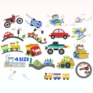 May include: A set of colorful cartoon vehicle illustrations, including a red monster truck, a yellow construction vehicle, a blue helicopter, a red race car, a red truck, a blue airplane, a red car, a green tractor, a blue train, a red dump truck, a red motorcycle, and a blue train with a yellow engine. The illustrations are on a white background.