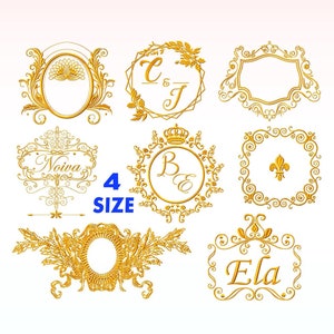 Può includere: Set di otto cornici dorate ornate con vari disegni, tra cui una corona, un giglio e motivi floreali. Le cornici sono perfette per aggiungere un tocco di eleganza a qualsiasi progetto.