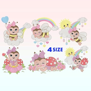 May include: Set of four embroidery designs featuring cute cartoon bees and ladybugs with pink bows, flowers, and rainbows. The designs are available in four sizes.