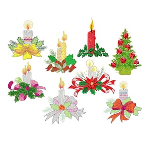 May include: Embroidered Christmas candle designs. The image features various candles with flames, decorated with holly, bows, and a Christmas tree. The candles are in shades of white, red, and yellow, with green and red accents.