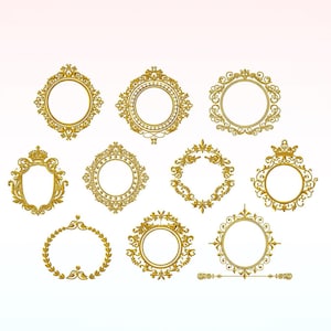 May include: A selection of gold-coloured ornate frames in diverse shapes and designs. The frames feature intricate scrollwork, crowns, and floral motifs, ideal for adding a touch of elegance. The frames are arranged on a white background.