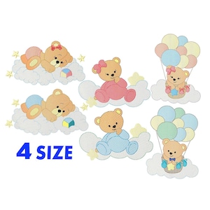May include: Set of four embroidery designs featuring teddy bears in various poses, including sleeping, flying in a hot air balloon, and holding a toy. The designs are perfect for creating personalized baby gifts or decorating a nursery.