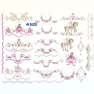 Pode incluir: Um conjunto de 24 desenhos de bordado com coroas de flores, bordas e um cavalo de carrossel. Os desenhos são em rosa, branco e verde.