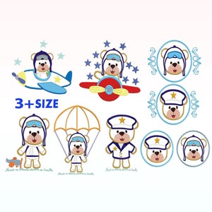 Puede incluir: Colección de diseños bordados con un oso de peluche en varios temas de aviador y náuticos. Los diseños incluyen un oso en un avión, en un avión de hélice, con un paracaídas y con uniformes de marinero. También se incluye el texto "3+ SIZE".