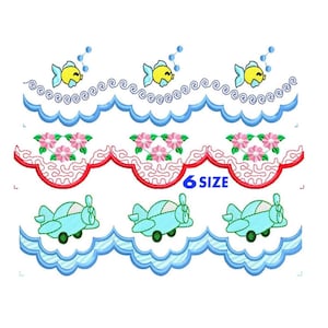 May include: Three embroidery designs featuring a blue wave border with yellow fish, pink flowers, and blue airplanes. The text "6 SIZE" is visible in the center of the image.