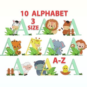 diseños de bordado del alfabeto de Safari: diseños de bordado de fuentes de animales del bosque,patrón de bordado a máquina letras de pájaro