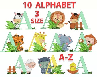 Może przedstawiać: Zestaw 10 liter alfabetu z uroczymi ilustracjami zwierząt. Każda litera jest zielona z białym obramowaniem i przedstawia inne zwierzę, takie jak zebra, lew, żyrafa i małpa. Litery są w trzech rozmiarach, a tekst "10 Alphabet 3 Size A-Z" znajduje się w górnej części obrazu.