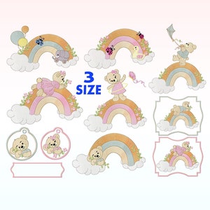 May include: Set of 8 embroidery designs featuring a rainbow with a teddy bear on top. The designs come in 3 sizes. The teddy bears are wearing different outfits, including a dress, a shirt, and a hat. The rainbows are decorated with flowers and ladybugs.